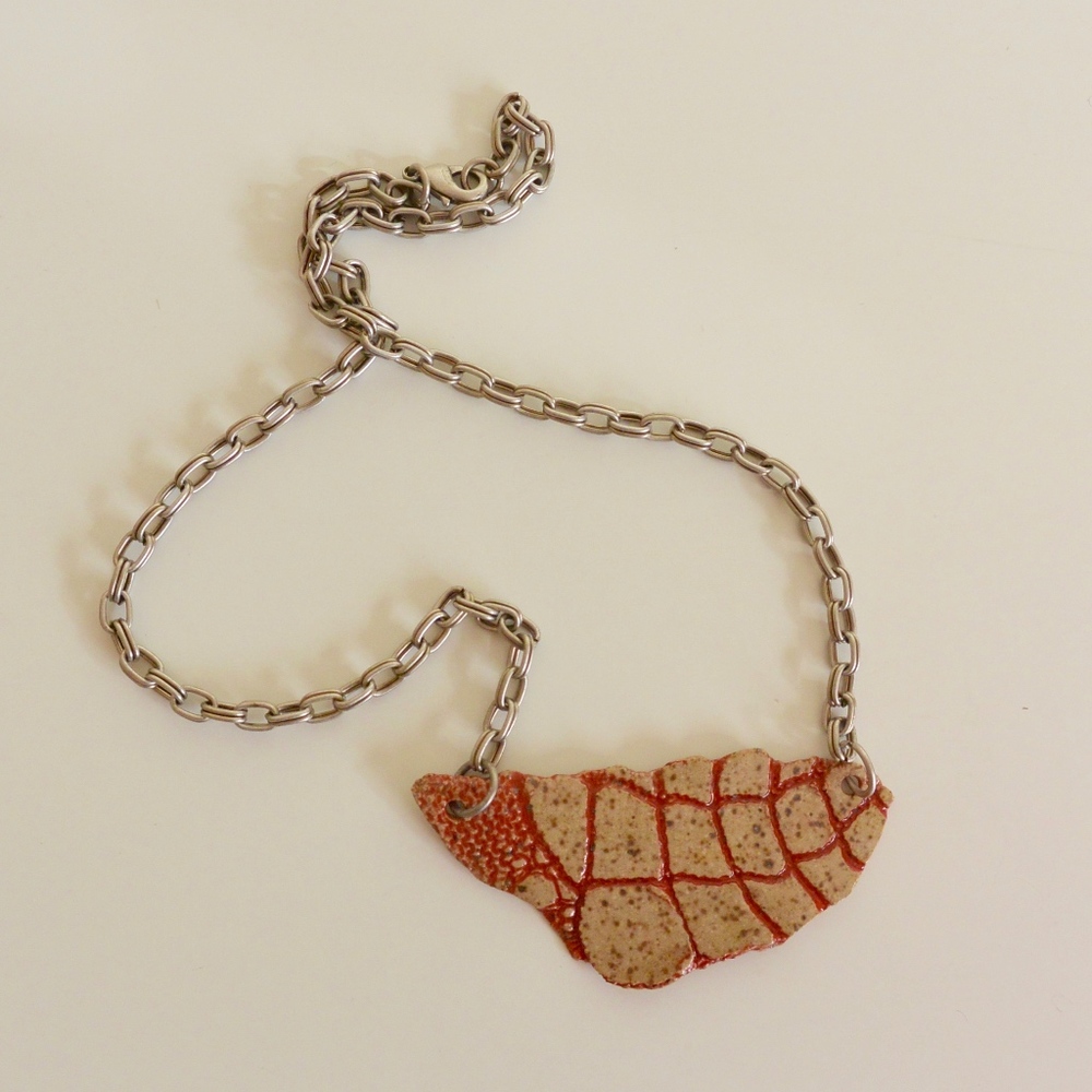 Handmade Speckled Clay w/ Red Details Silver Chain